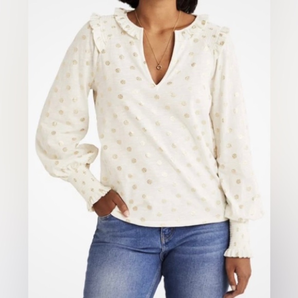 Boden Notch Neck Smocked Ruffle Top in Ivory Dainty Foil, Metallic Dots - 8